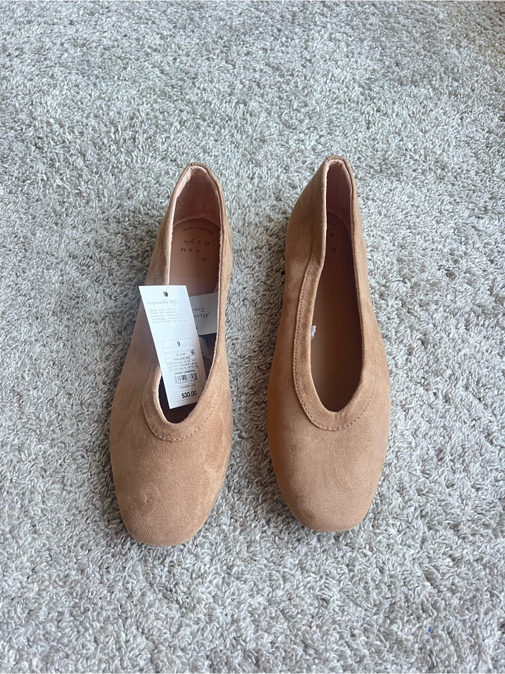 Women’s Tan Suede Ballet Flats. Size 9